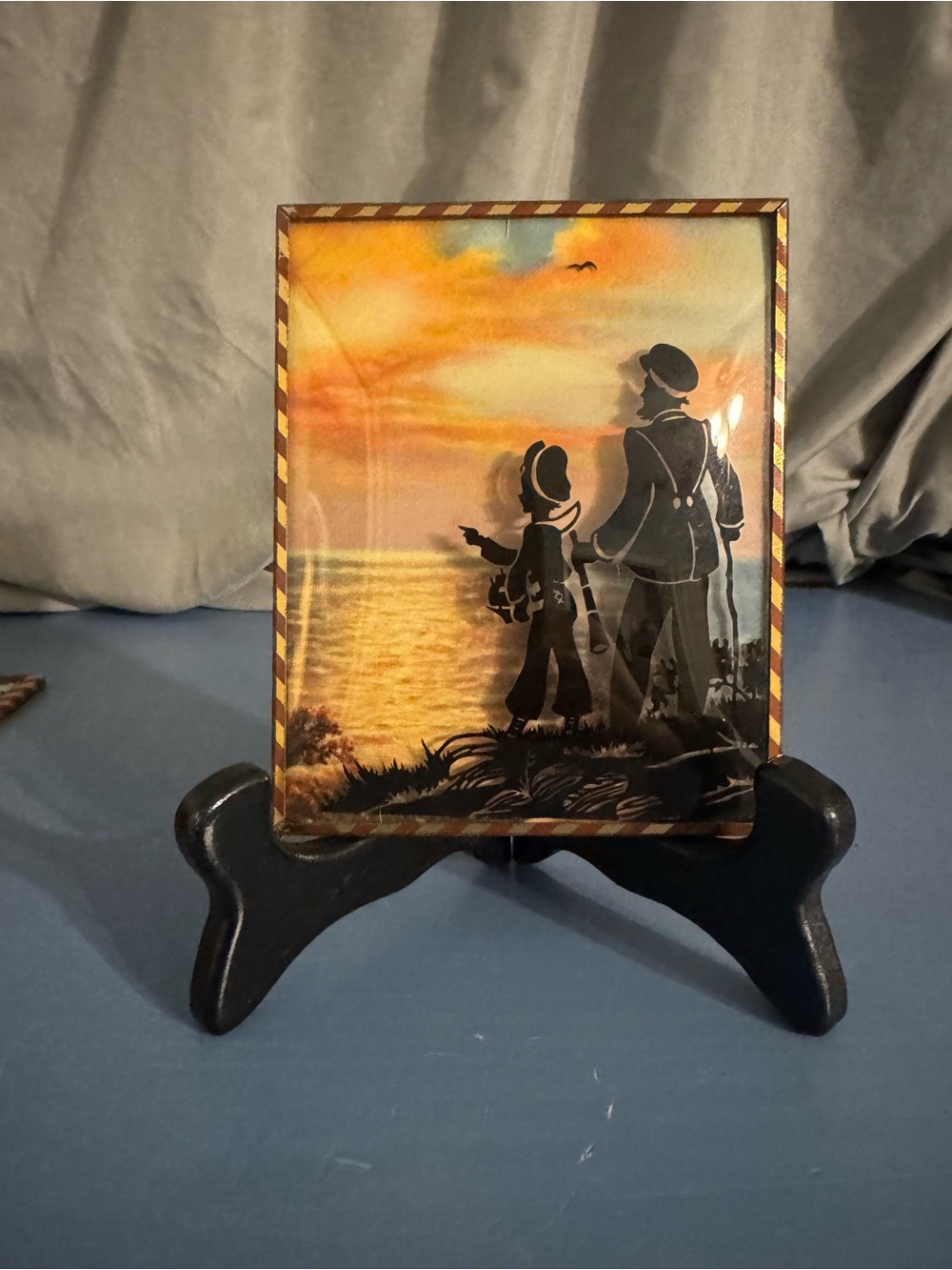Silhouette Sunset Ceramic Tile Art - Coastal Scene in Orange and Black